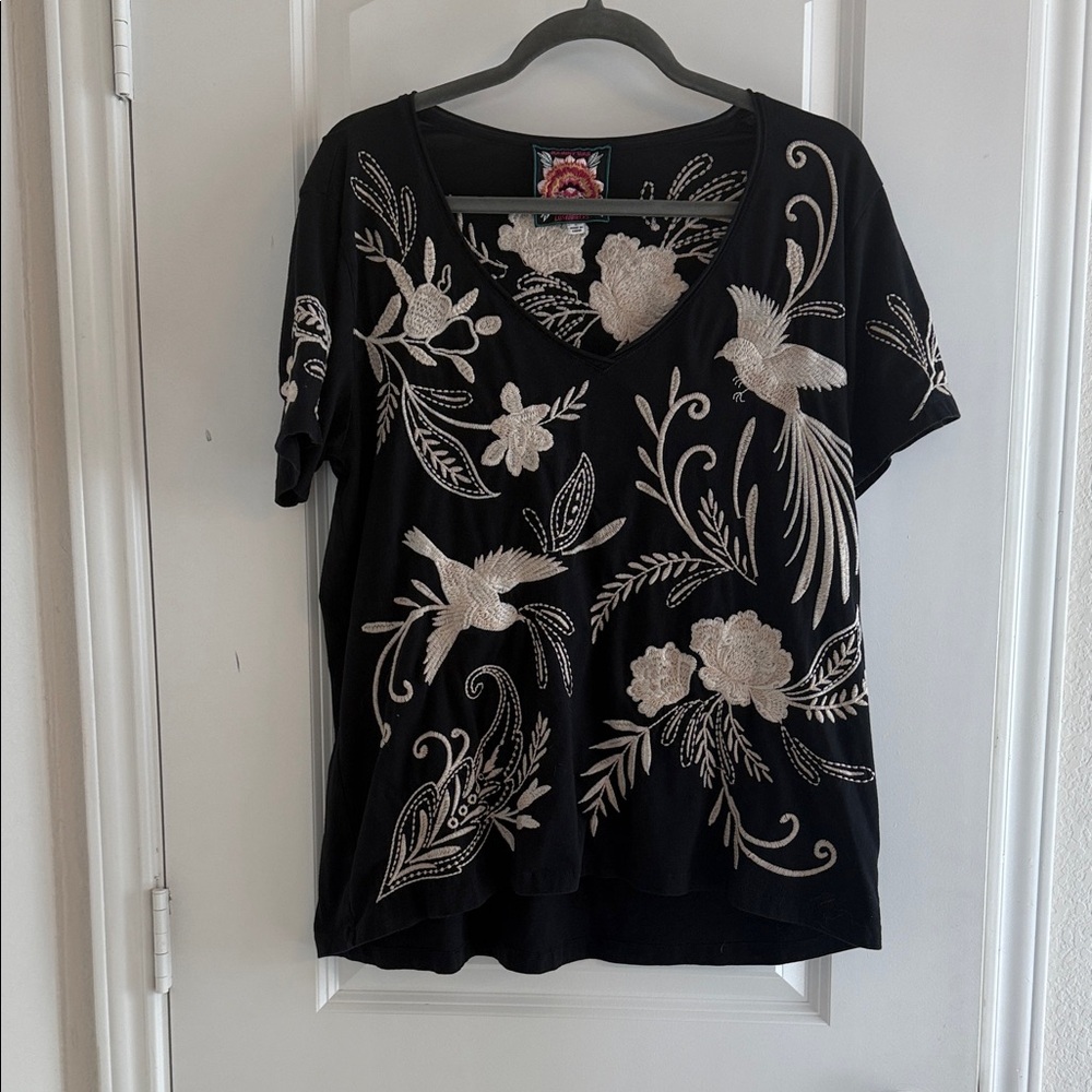 Johnny Was Black Short Sleeve Tee with Cream Embroidered Floral & Bird Motif
